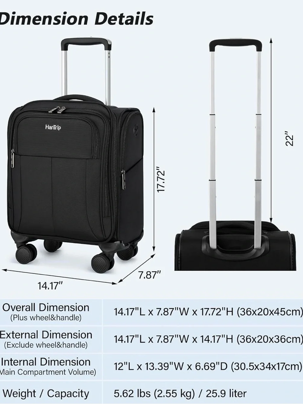 16 Inch Underseat Carry On Luggage with Wheels Softside Small Suitcases